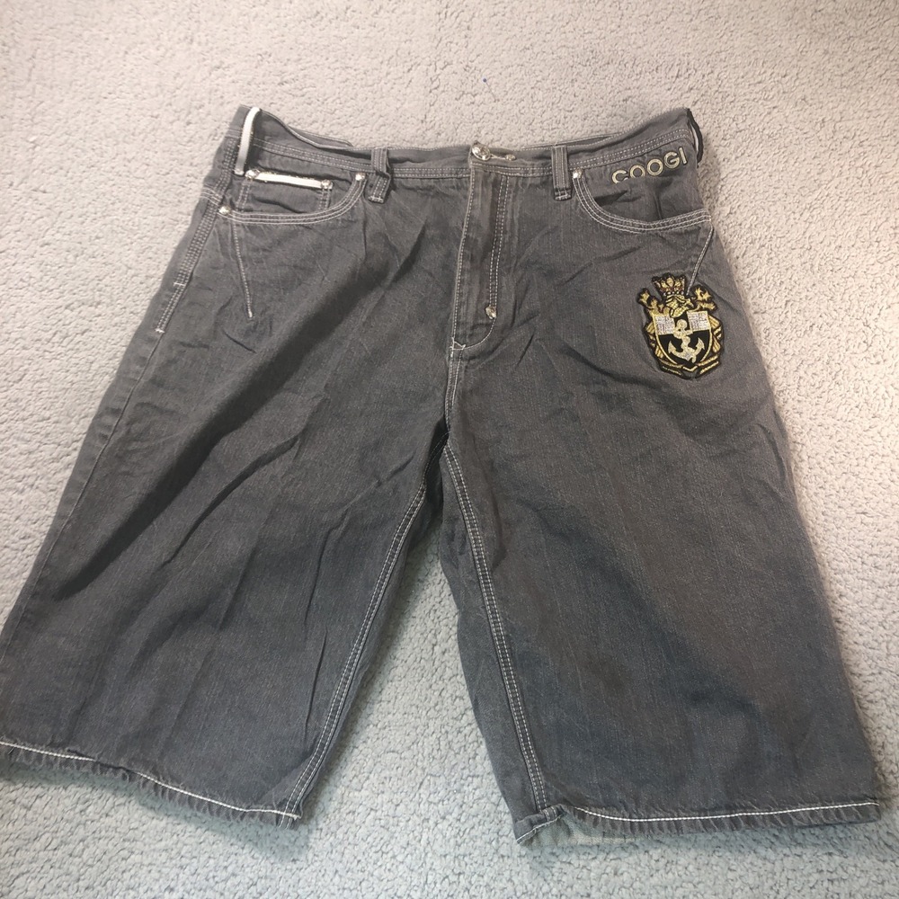 Coogi Shorts Men 42 Black Denim Jean Baggy Grunge Hip Hop Y2K Embroidered Pocket